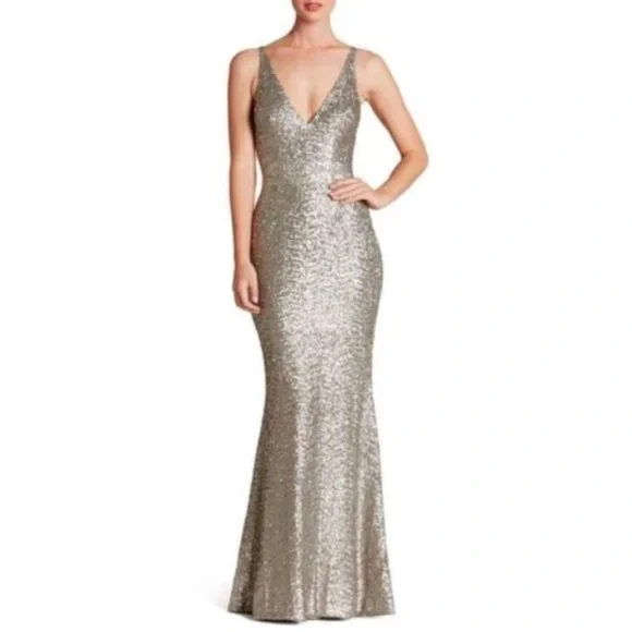 Dress the Population Harper Gown XS Silver Sequin Mermaid Formal Evening Dress - Picture 2 of 16